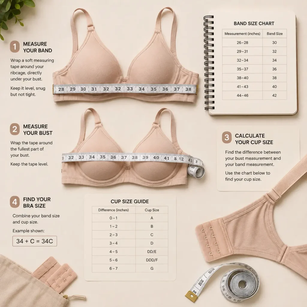 Bra size guide showing how to measure band and bust size with a measuring tape