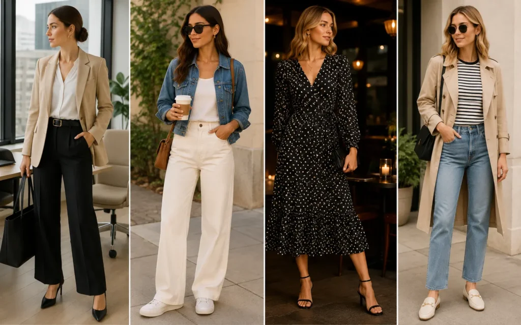 Who What Wear outfits styled for work, casual wear, date night, and transitional weather with modern accessories.