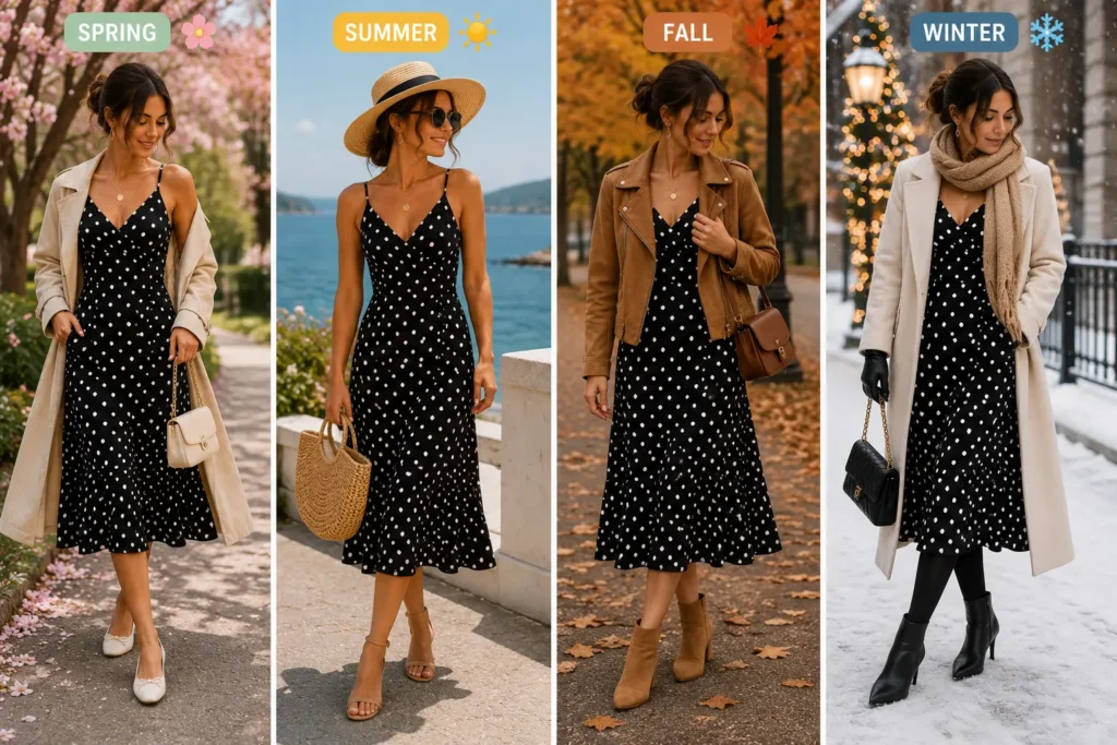 Black and white polka dot dress styled for spring, summer, fall, and winter outfits.