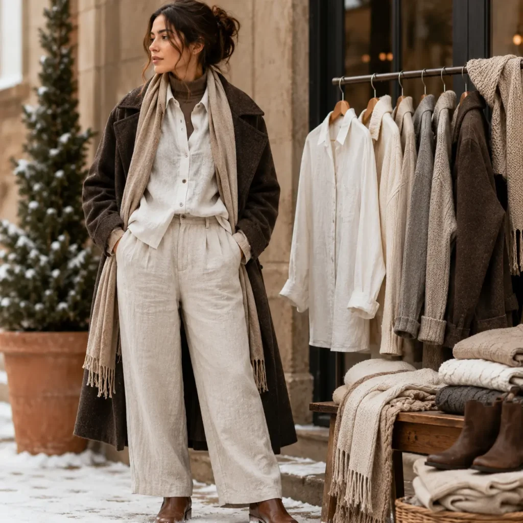 Woman wearing a layered linen winter outfit with wool coat, scarf, trousers, and boots