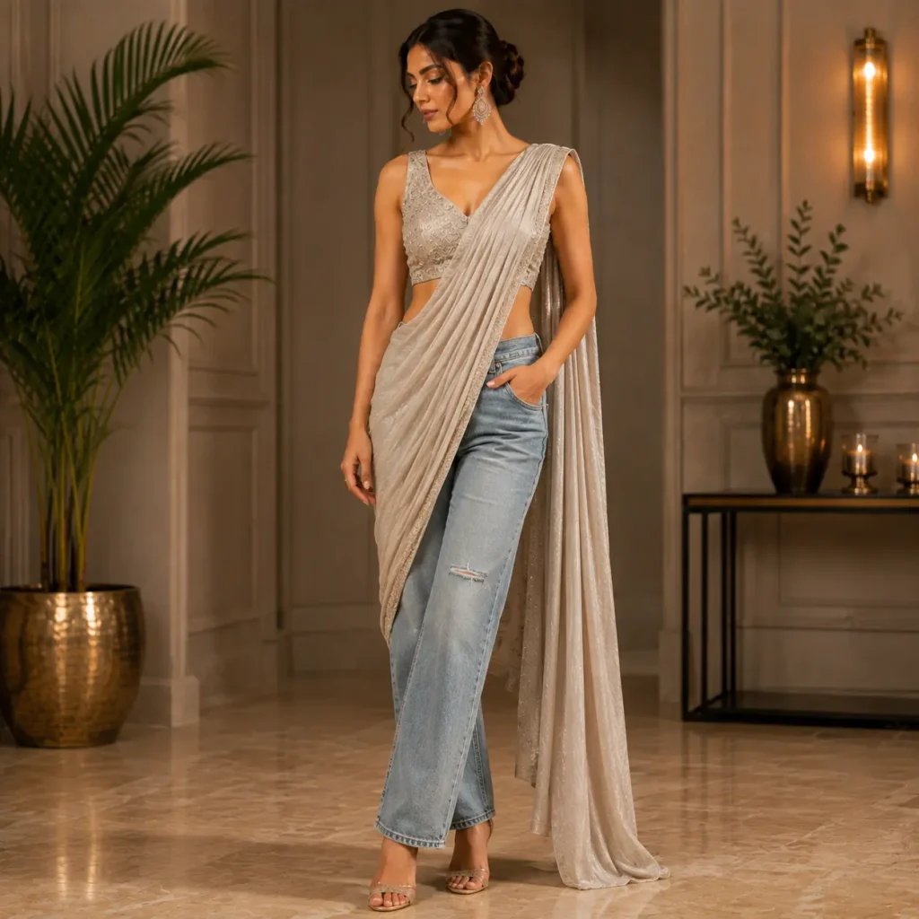 Trendy Indo-Western saree with jeans for a modern fusion look