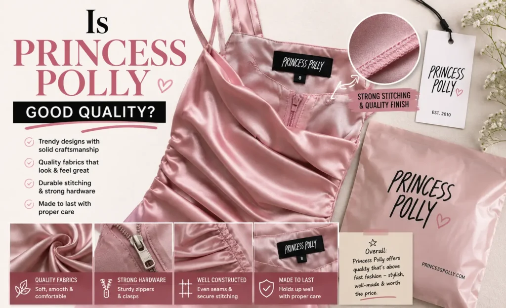 Princess Polly dress quality review showing fabric, stitching, zipper details, and premium clothing craftsmanship.