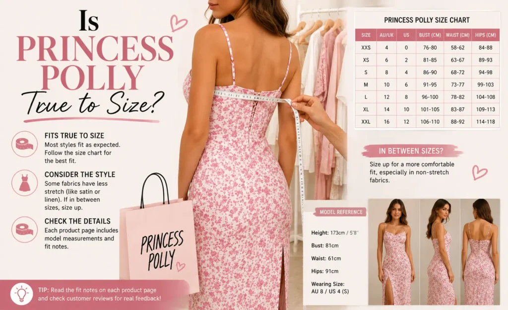 Princess Polly size guide with dress measurements, size chart, and fitting tips for accurate sizing.