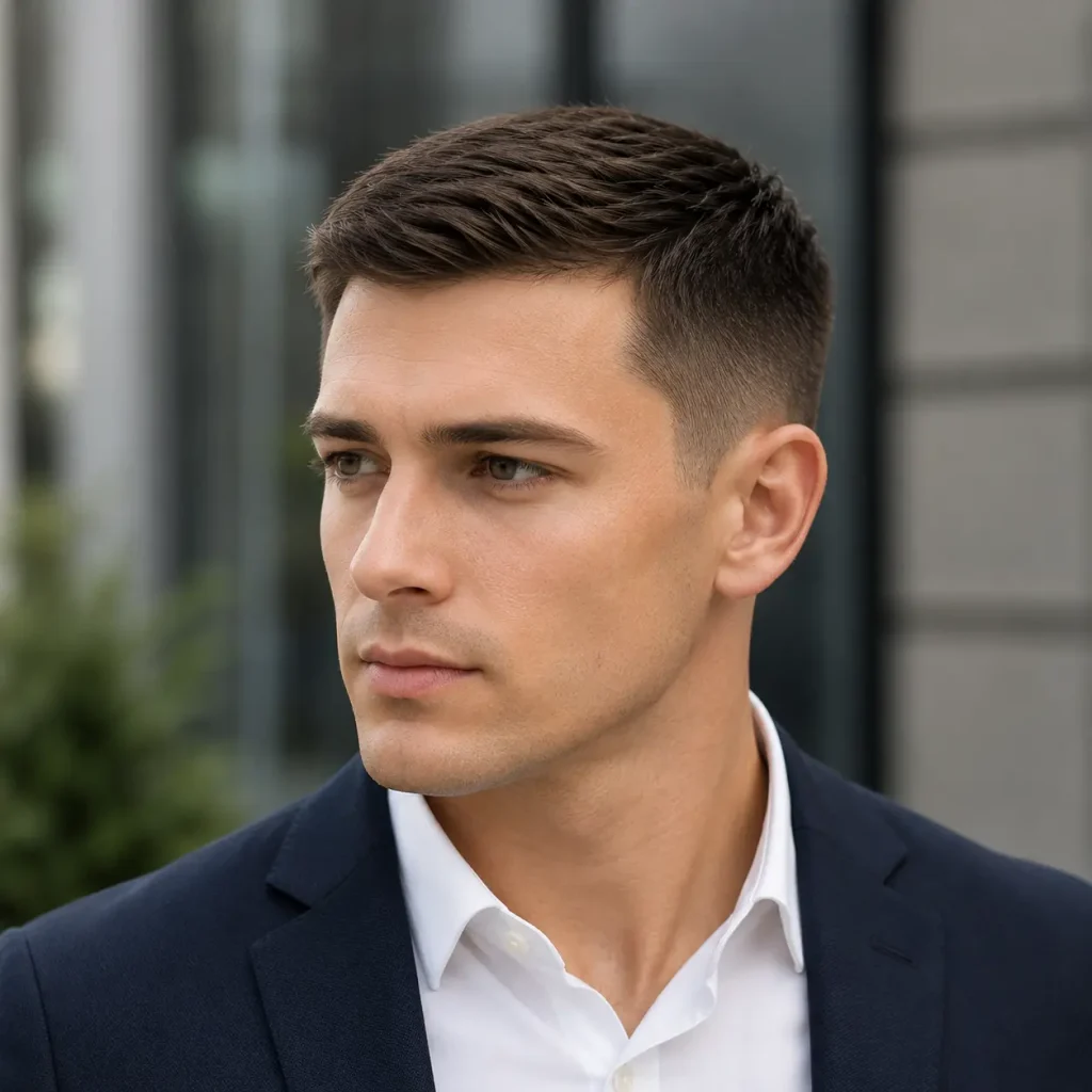 Young man with a modern Ivy League business haircut wearing a navy blazer