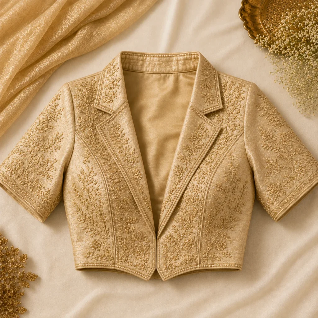 Jacket-style blouse with tailored collar, floral embroidery, and elegant gold detailing