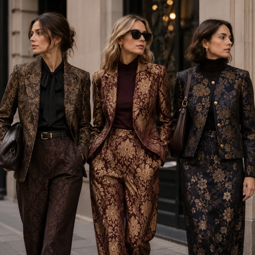 Elegant jacquard fashion featuring rich textured patterns and sophisticated styling.