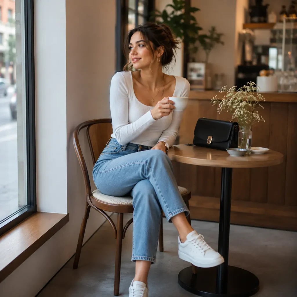 Jeans fitted top and white sneakers coffee date outfit