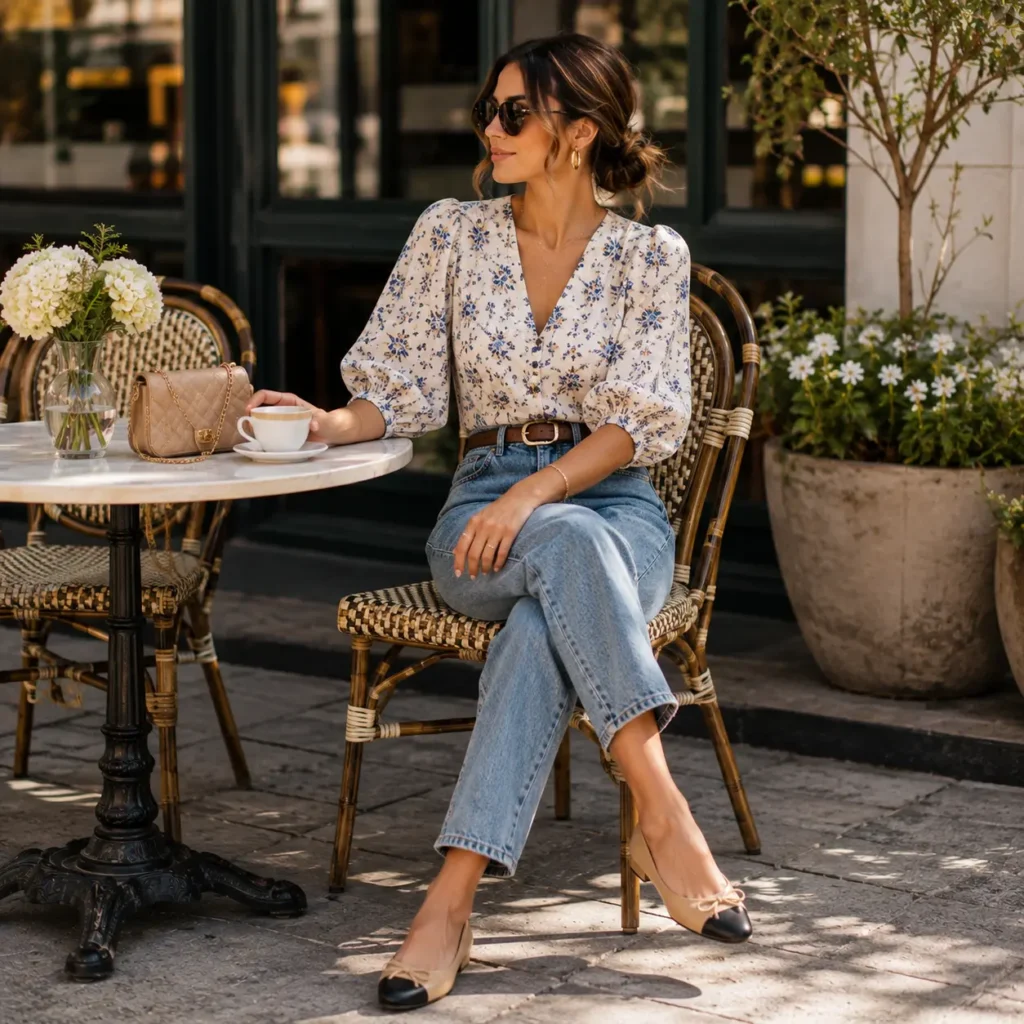 Woman wearing jeans with a floral blouse and flats at an outdoor café