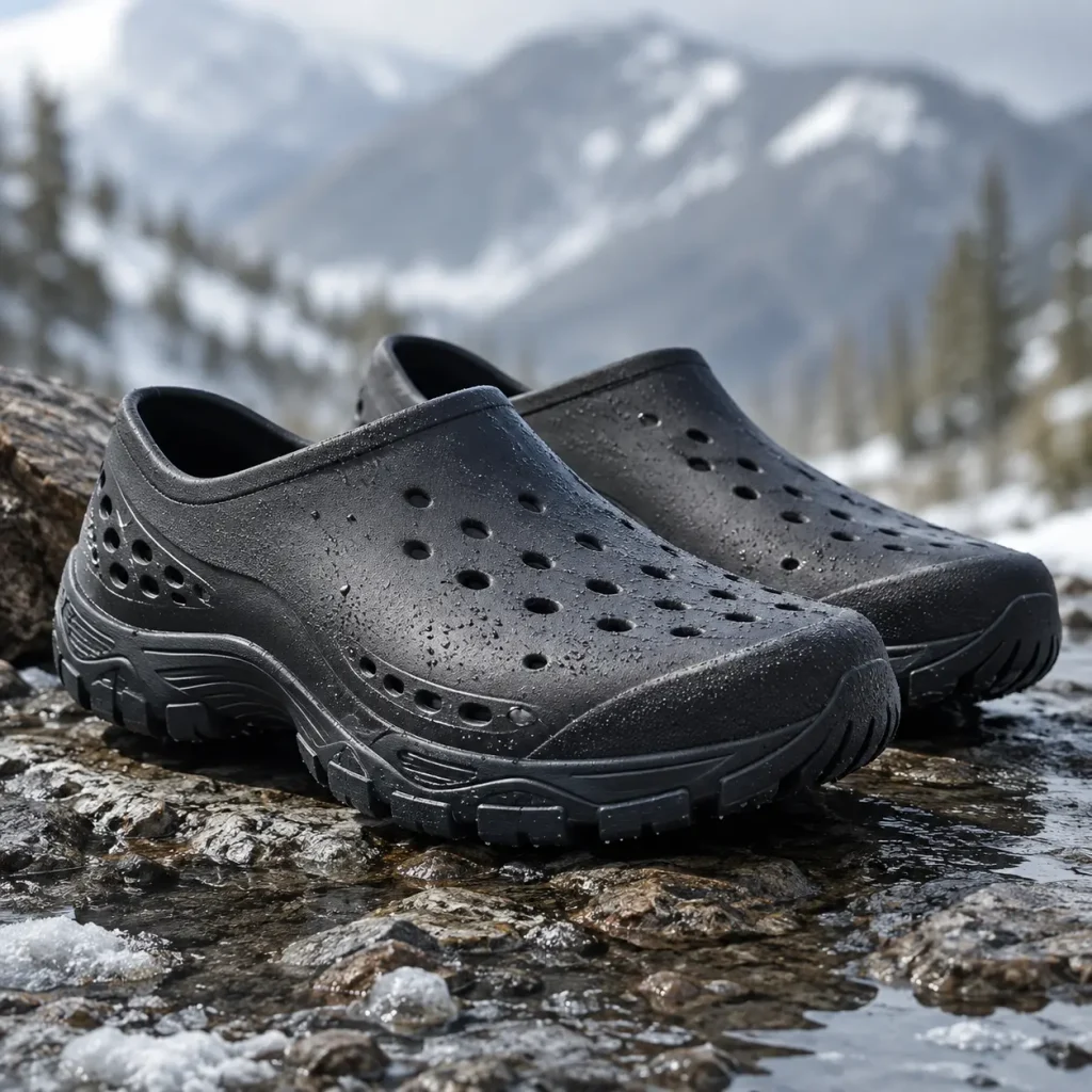 Kane Revive AC all-conditions recovery shoes in black on wet rocky terrain
