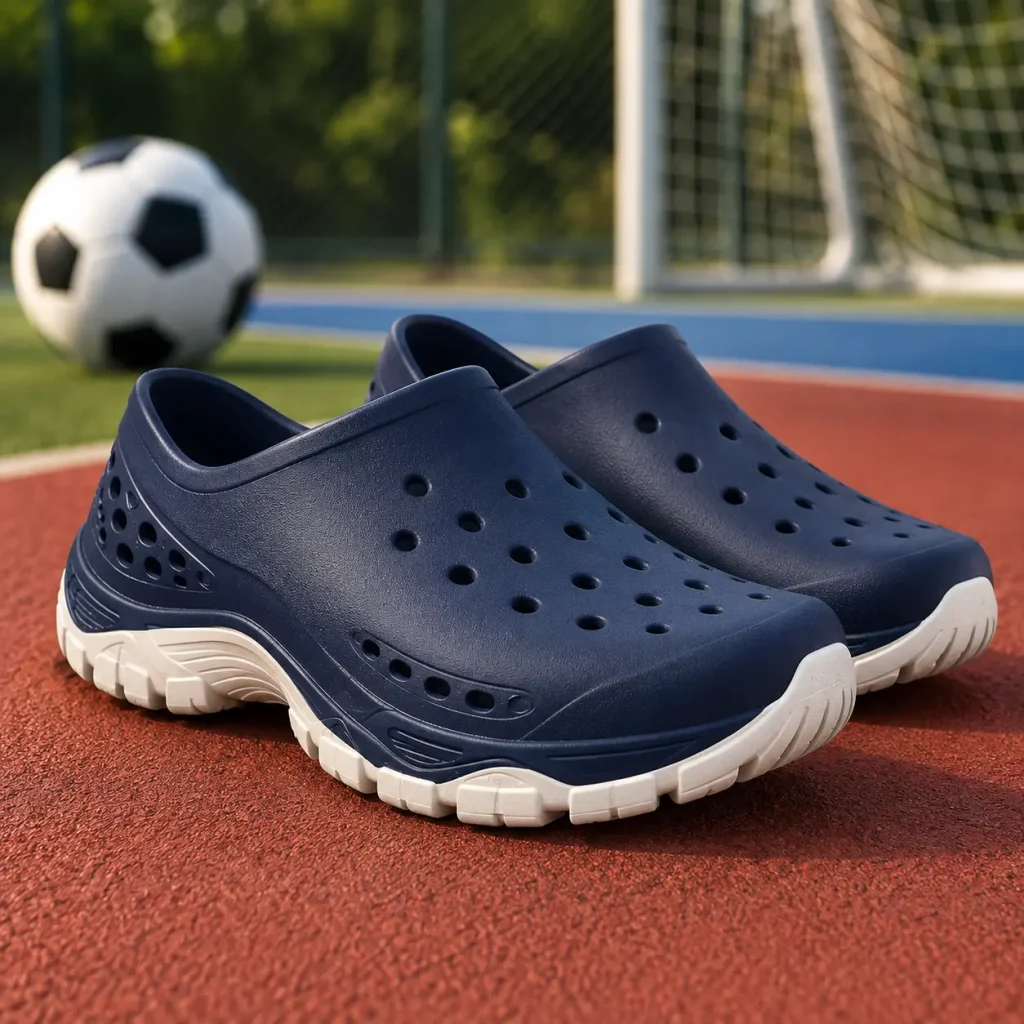 Kane Youth Revive recovery shoes in navy blue on an outdoor sports field