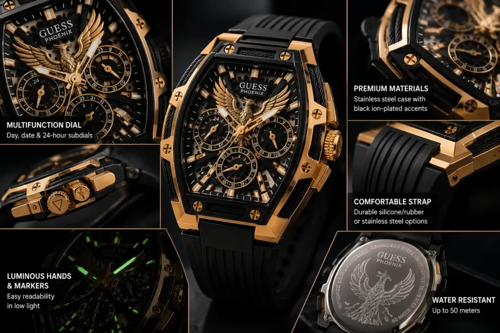 Guess Phoenix watch showing multifunction dial, premium materials, silicone strap, and detailed case features