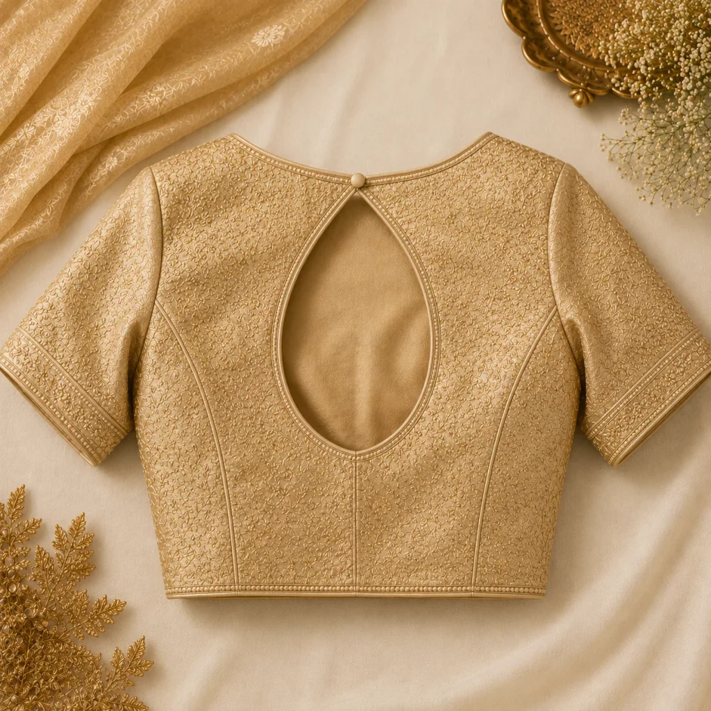 Keyhole back blouse with intricate embroidery and elegant teardrop back opening