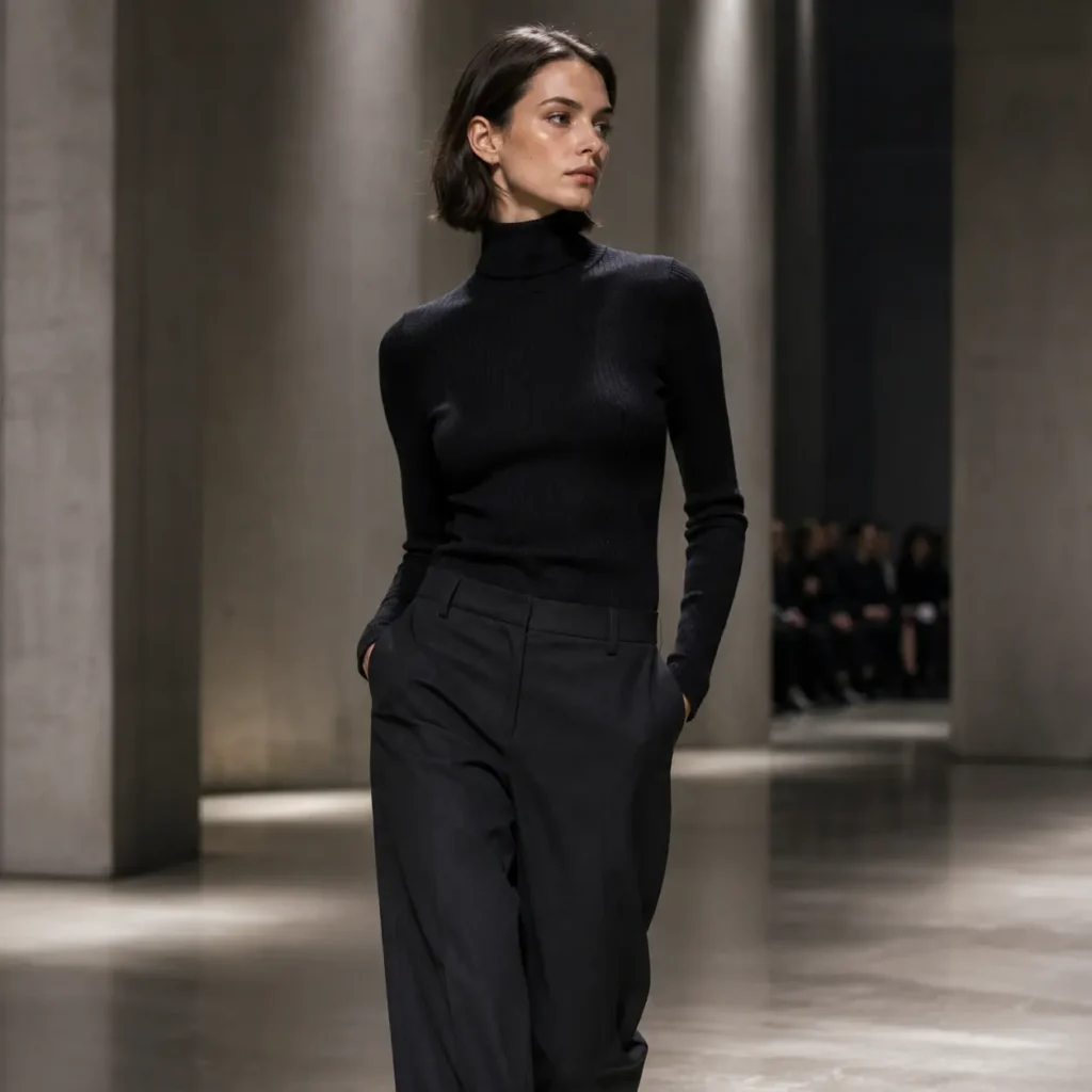 Late-1990s runway-inspired fashion featuring sleek silhouettes and nostalgic styling.