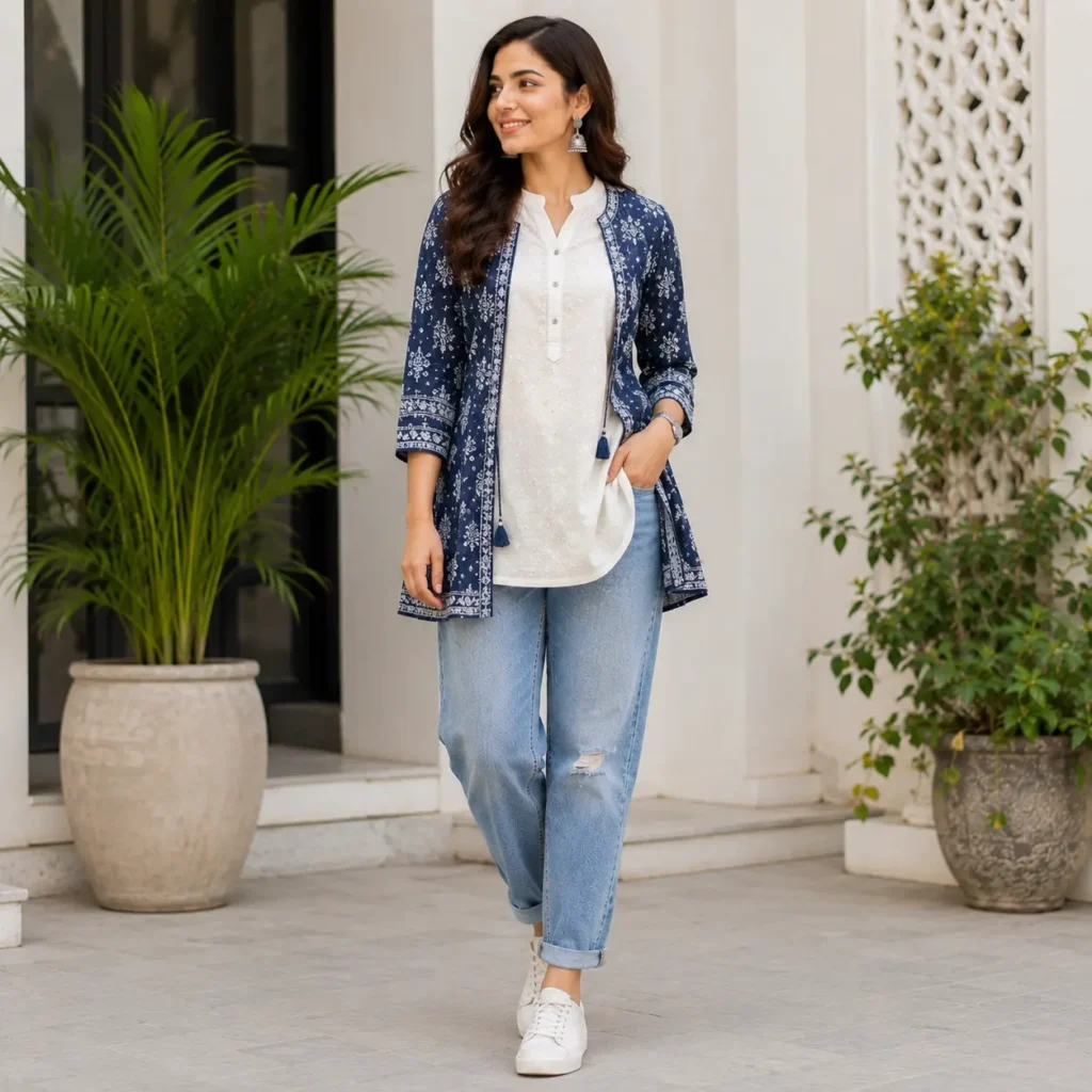 Layered short kurti with jacket and boyfriend jeans outfit