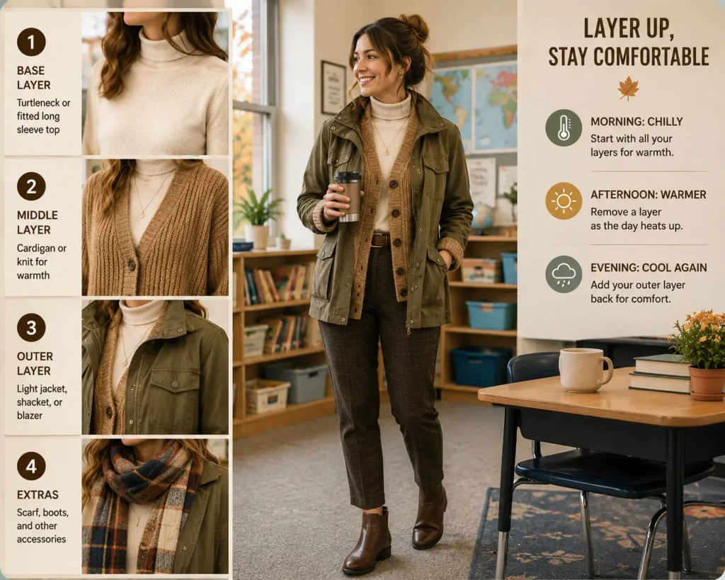Teacher wearing layered fall clothing with a turtleneck, cardigan, lightweight jacket, scarf, trousers, and ankle boots in a cozy classroom, demonstrating practical layering for changing autumn