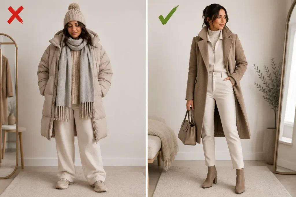 Comparison of bulky winter layering versus slim layered outfit showing the best styling approach for petite women
