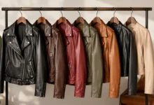 Women’s leather jacket in black, brown, red, olive, tan, and cream colors