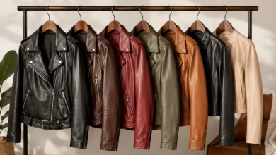 Women’s leather jacket in black, brown, red, olive, tan, and cream colors