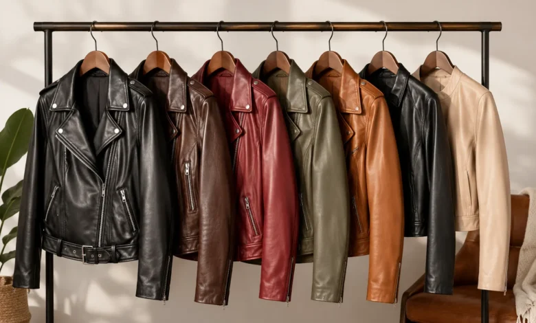Women’s leather jacket in black, brown, red, olive, tan, and cream colors