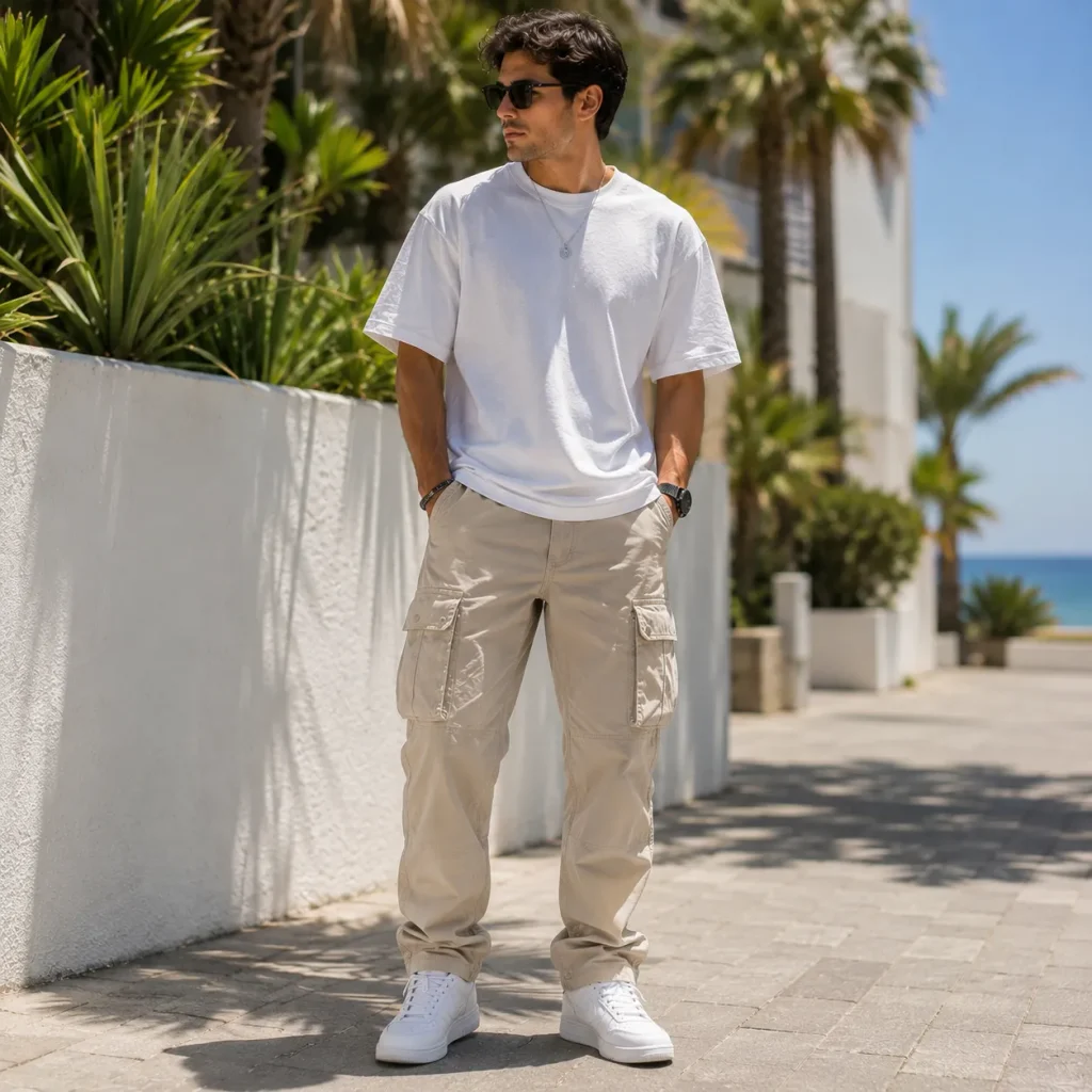 Young man wearing lightweight beige cotton cargo pants with a white T-shirt and sneakers in a sunny summer setting.
