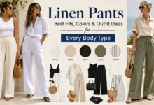 Linen pants outfit ideas in white, beige, black and olive for different body types
