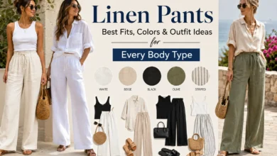 Linen pants outfit ideas in white, beige, black and olive for different body types