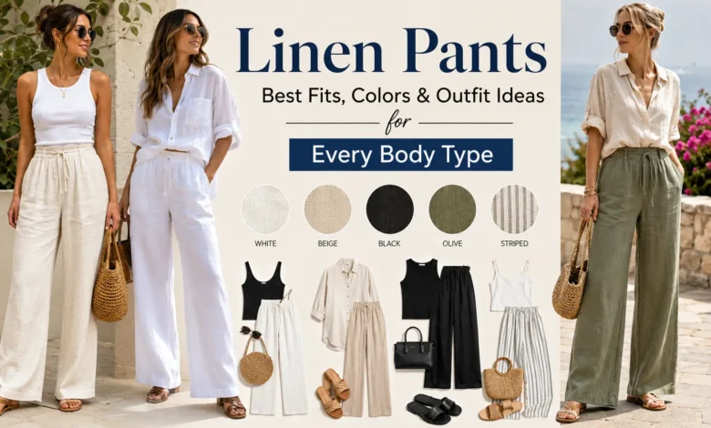Linen pants outfit ideas in white, beige, black and olive for different body types