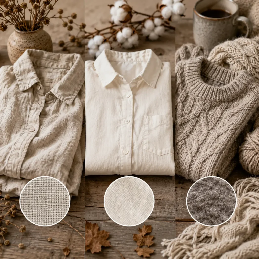 Linen, cotton, and wool clothing arranged side by side for a winter fabric comparison