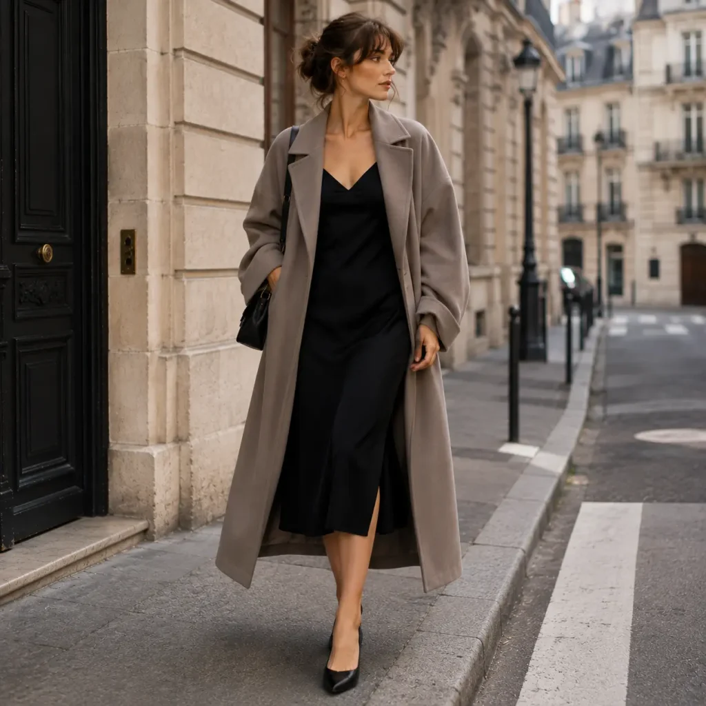 Woman wearing a little black dress with an oversized taupe coat and pointed heels.