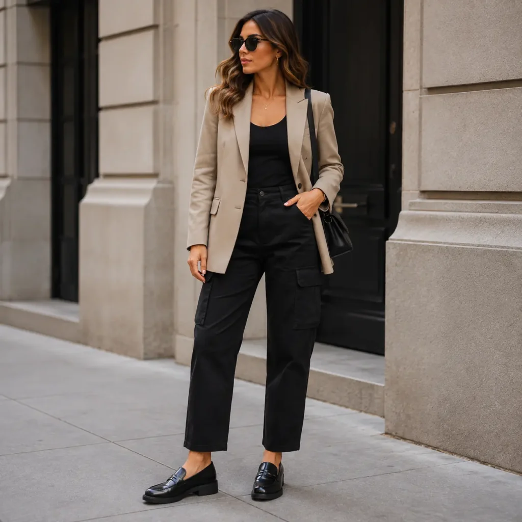 Woman wearing black cargo pants, a fitted black top, beige structured blazer, and black loafers