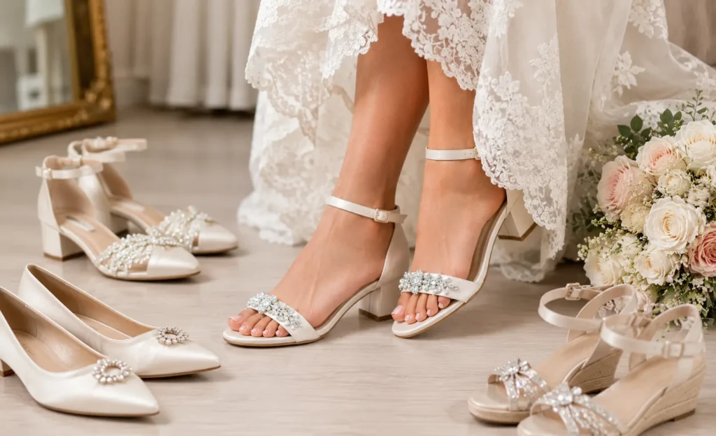 Bride wearing comfortable low block heel bridal sandals with elegant wedding shoes displayed on a boutique floor.