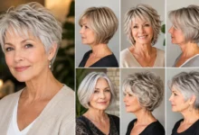 Six low-maintenance hairstyles for women over 60 with fine hair, including pixie, bob, shag, and layered cuts