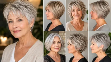 Six low-maintenance hairstyles for women over 60 with fine hair, including pixie, bob, shag, and layered cuts