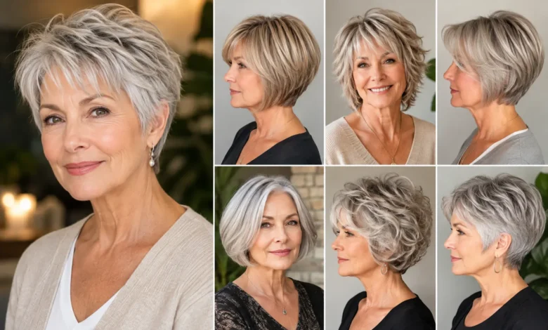 Six low-maintenance hairstyles for women over 60 with fine hair, including pixie, bob, shag, and layered cuts
