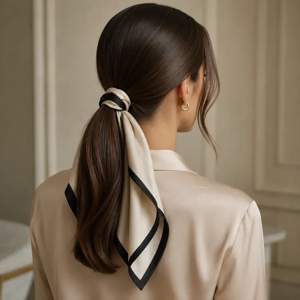 Woman wearing a sleek low ponytail with a silk ribbon for an elegant old money look