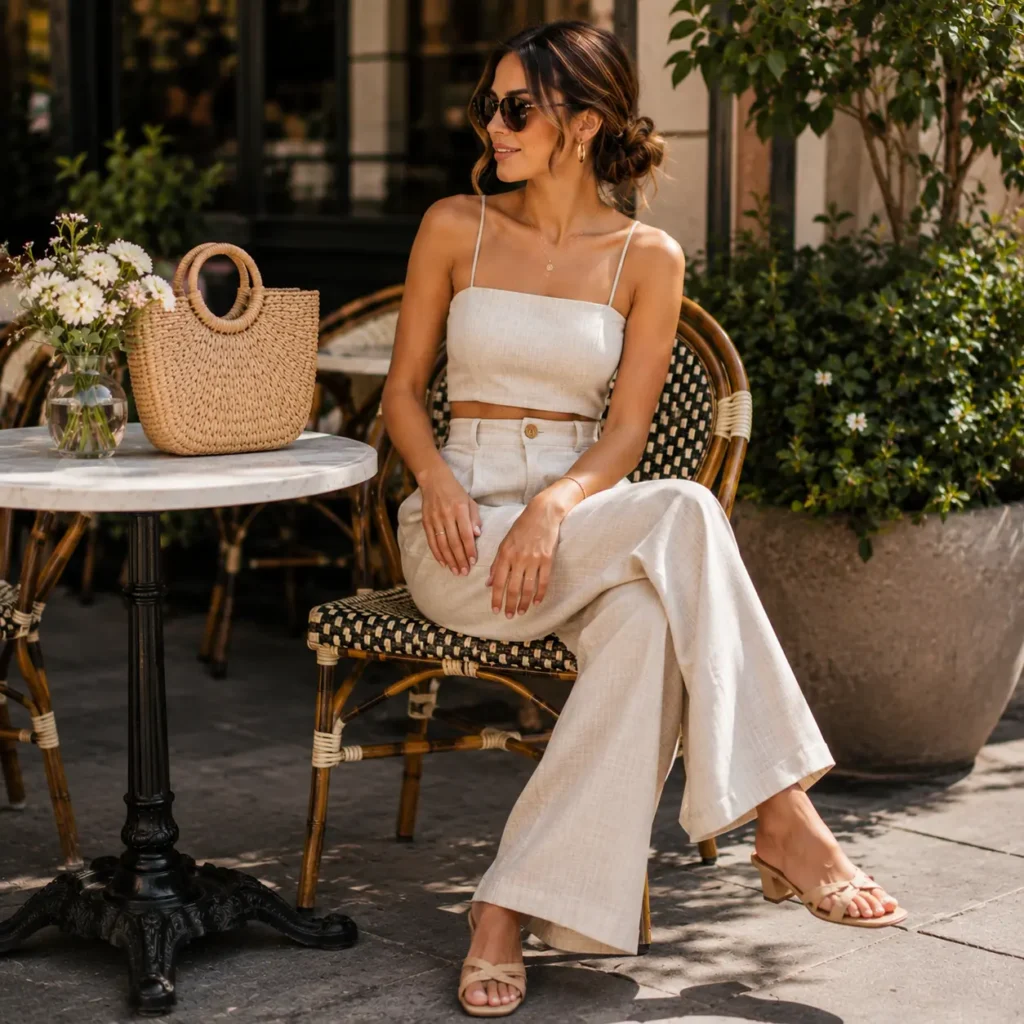 Woman wearing a matching linen two-piece outfit with sandals at a café