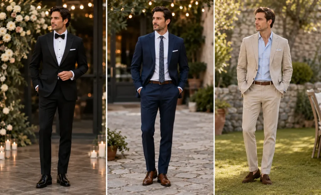 Three men's wedding guest outfit ideas featuring black-tie, semi-formal, and casual suits for different dress codes.