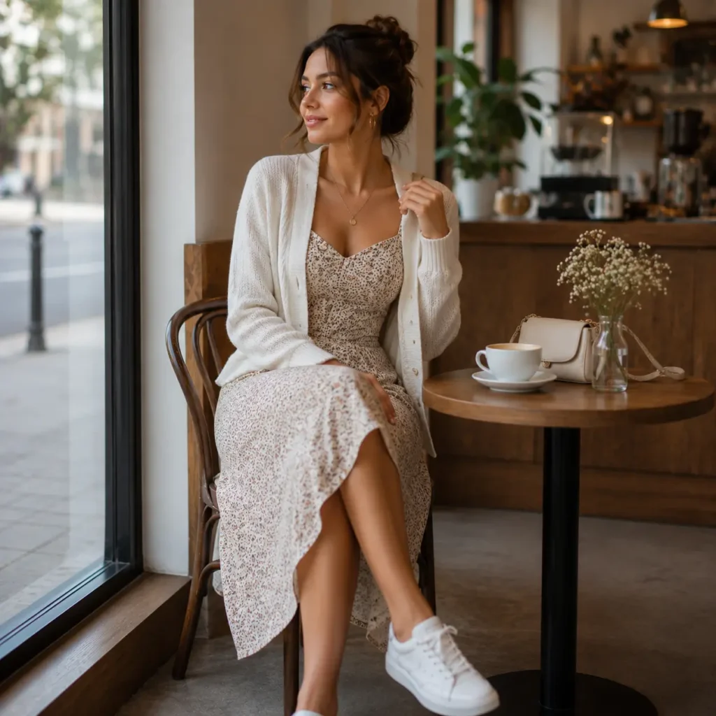 Midi dress with cardigan casual coffee date outfit