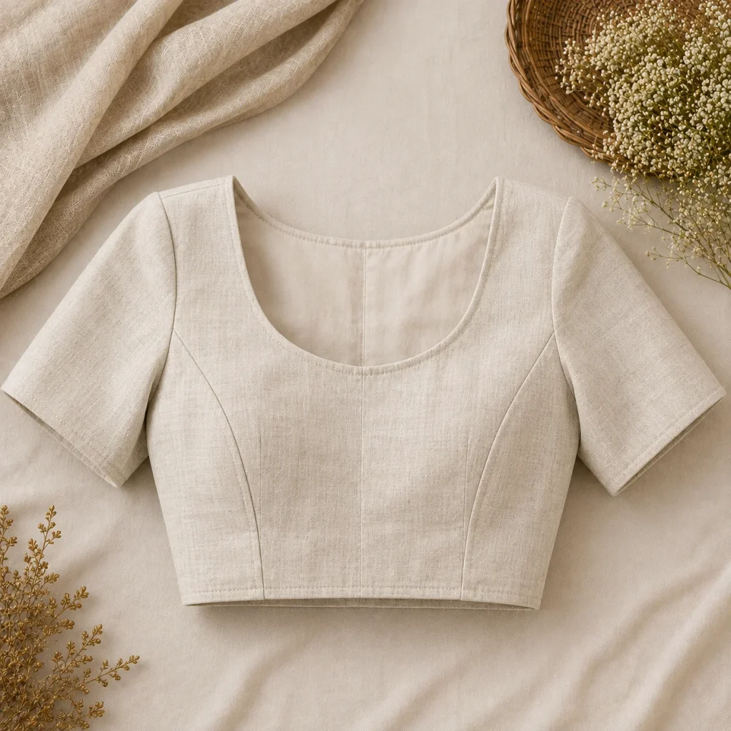 Minimalist cotton or linen blouse with clean tailoring and natural fabric texture