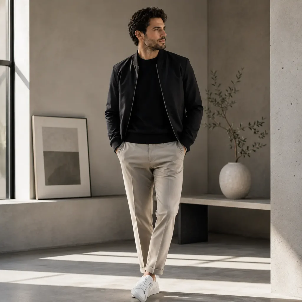 Man wearing a black jacket, neutral trousers, and white sneakers in a clean minimalist menswear outfit.