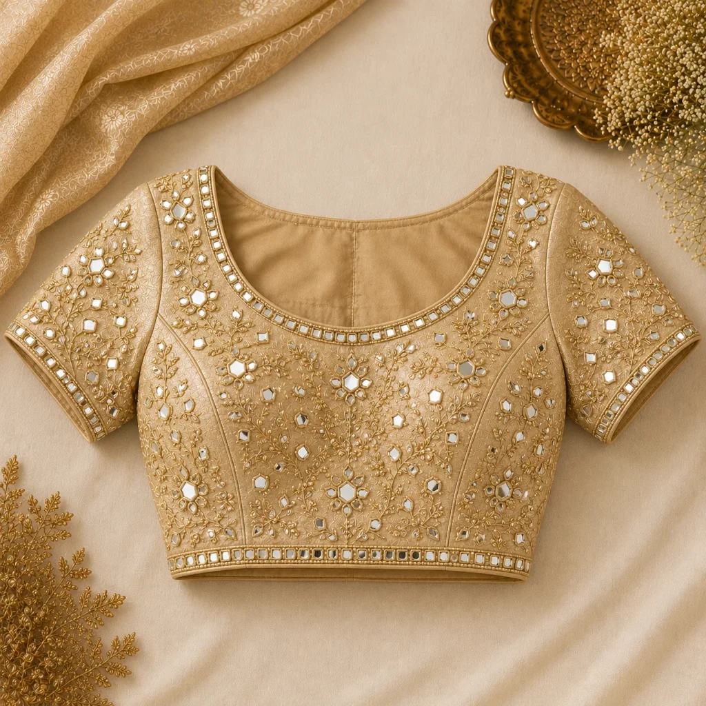 Mirror work embroidered blouse with floral motifs and traditional decorative detailing