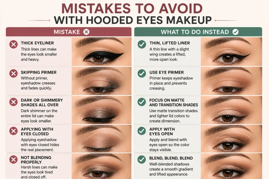 Common hooded eye makeup mistakes compared with correct techniques, including eyeliner placement, primer use, blending, and eyeshadow application.