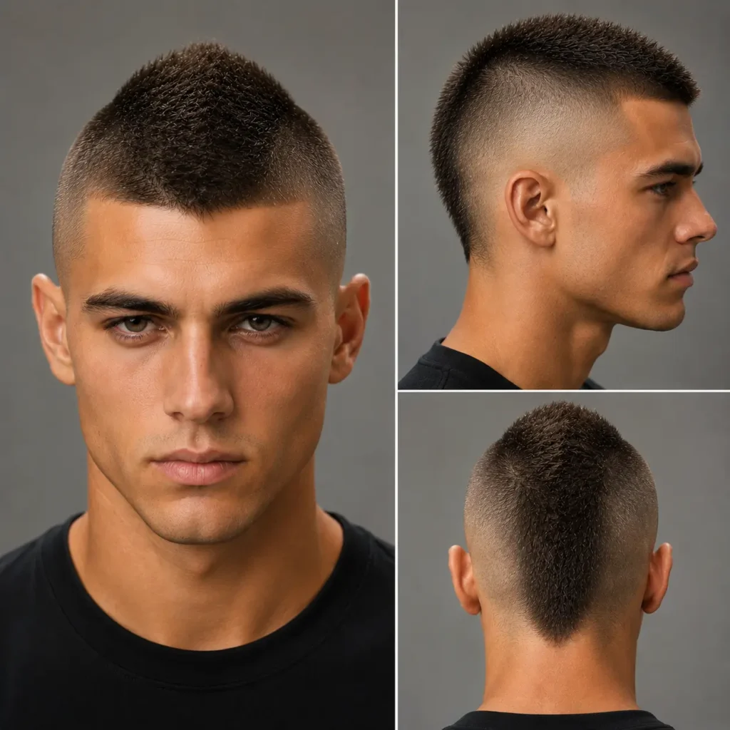 Mohawk buzz cut with narrow textured center strip and shaved sides