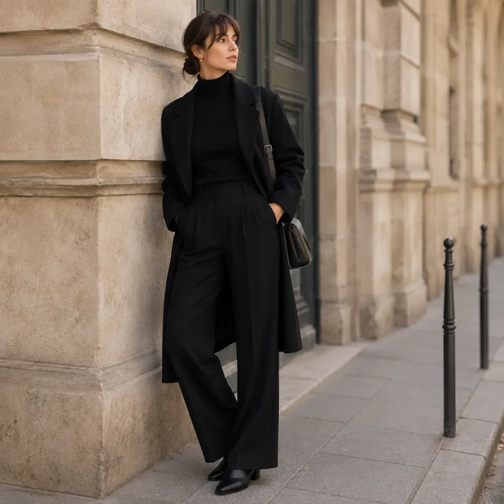 Monochrome head-to-toe outfit featuring coordinated neutral clothing and elegant accessories.