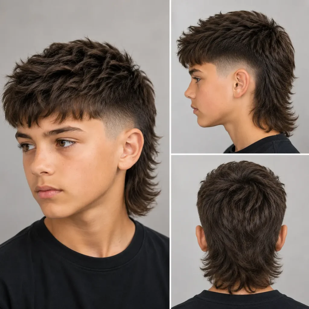 Modern mullet haircut with textured top, faded sides, and longer back