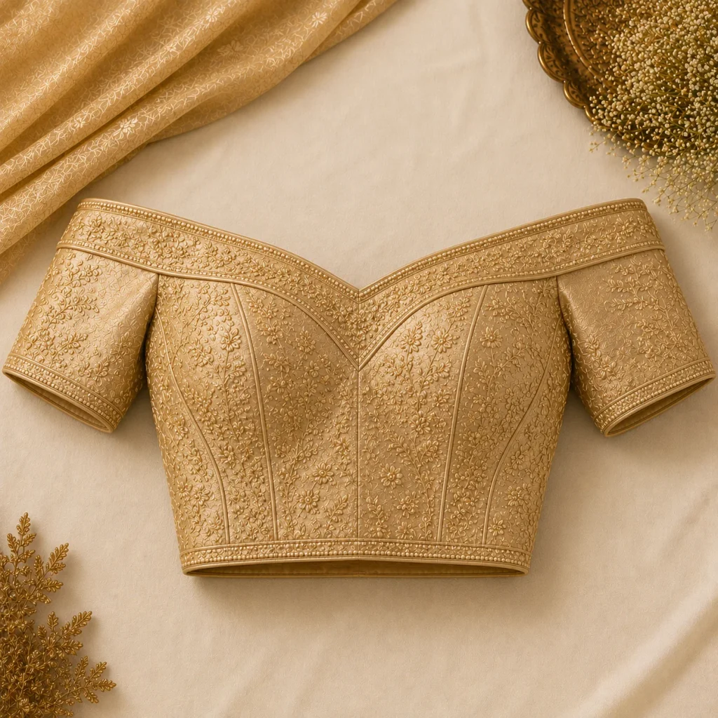 Off-shoulder blouse with structured neckline and intricate floral embroidery