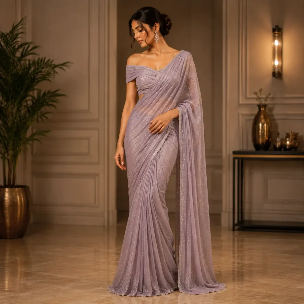 Elegant saree with off-shoulder blouse for a modern fashion look