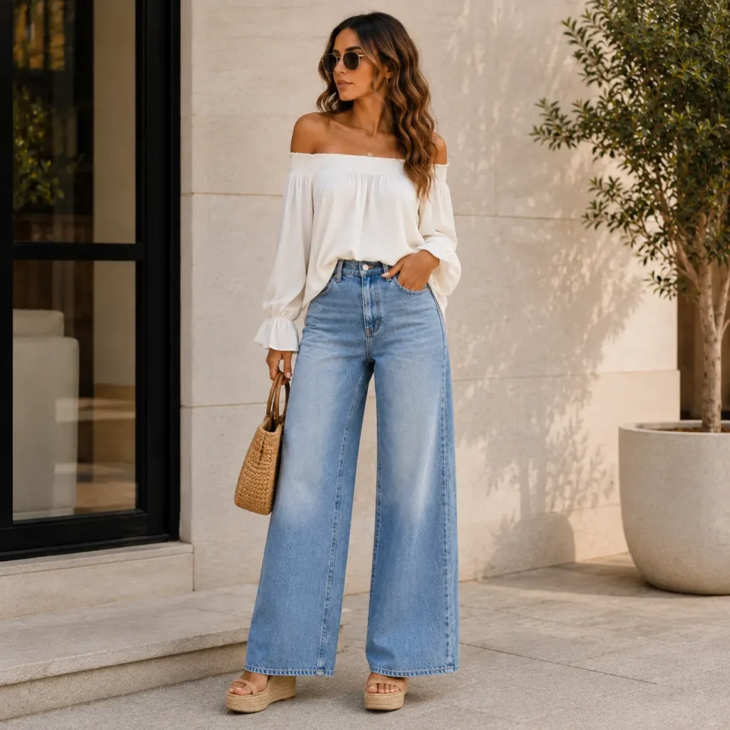 Woman wearing an off-the-shoulder top with wide leg jeans and wedges