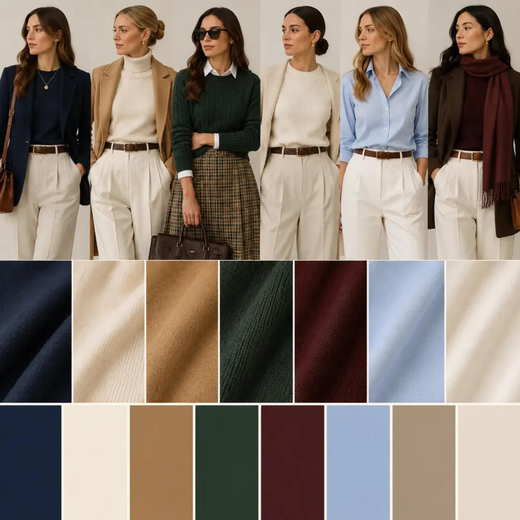 Old money color palette featuring women in navy, cream, camel, forest green, burgundy, and soft blue outfits