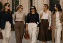 Women wearing elegant old money outfits in neutral colors with blazers, tailored trousers, knitwear, and leather handbags